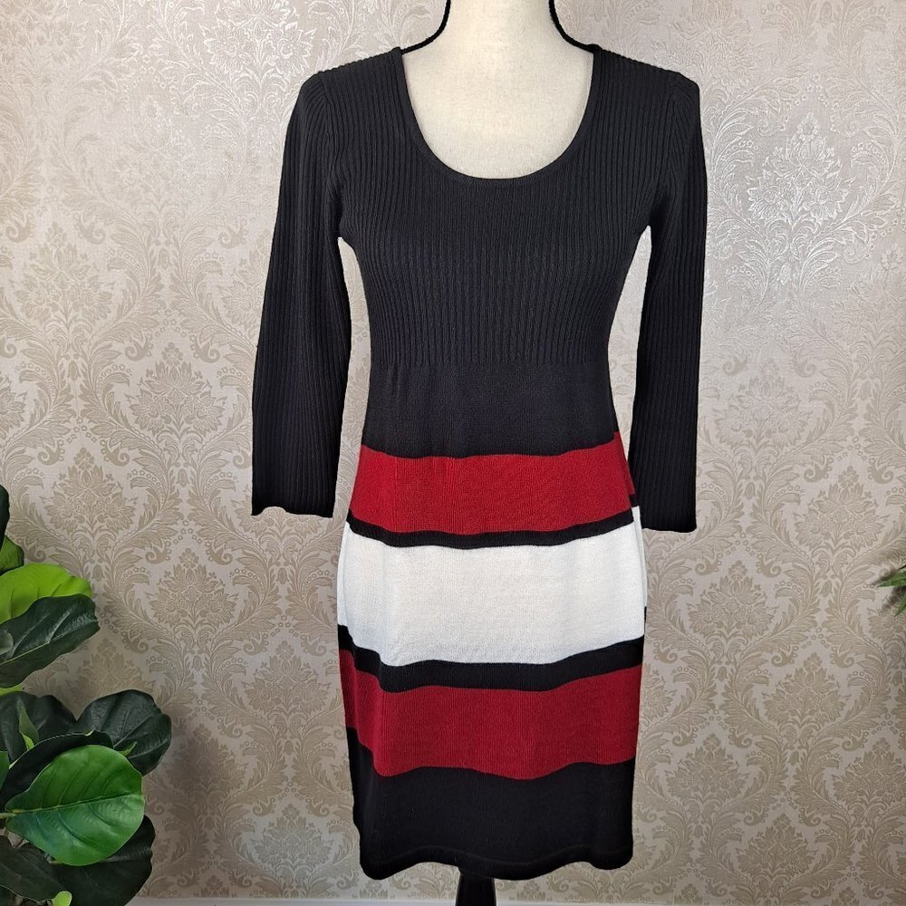 Studio One NY Size Small Sweater Dress Black Red Cream 3/4 Sleeve Scoop Neckline